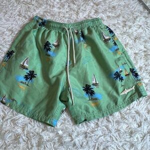 uzzi swim trunks Size Medium Island & Boat Print Green & Blue C Measurements